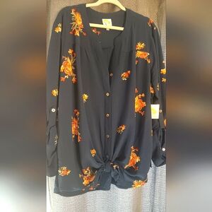 NWT fig & flower 🌿 🌹 Foral Navy Button-Up Women's Top. 3X